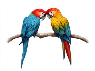 A pair of vibrant macaws perched closely on a branch, showcasing their stunning feathers and colorful features.