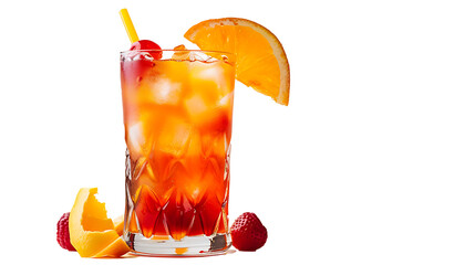 Rum punch with tropical fruit garnishes, vibrant red-orange liquid, served in a large glass, isolated on a white background