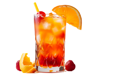 Rum punch with tropical fruit garnishes, vibrant red-orange liquid, served in a large glass, isolated on a white background