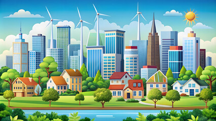 Vibrant cityscape showcasing modern architecture, wind turbines, green spaces, and a sunny day.