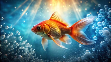 Fototapeta premium Vibrant goldfish in underwater environment surrounded by bubbles