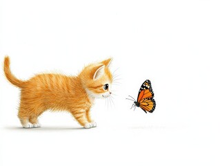 Obraz premium A playful orange kitten curiously approaches a vibrant butterfly, capturing a moment of innocence and wonder in nature.