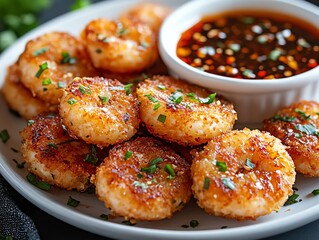 A plate of Thaistyle crispy shrimp cakes served with a tangy sauce, Thai shrimp cakes, seafood appetizer