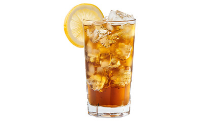 Long Island iced tea with a lemon wedge and ice cubes, served in a tall glass, isolated on a white background