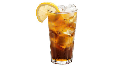 Long Island iced tea with a lemon wedge and ice cubes, served in a tall glass, isolated on a white background