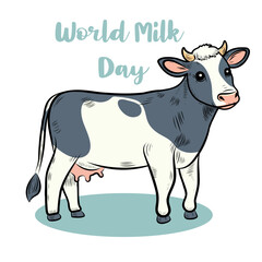 World Milk Day. Cow, milk bottle. Vector flat illustration