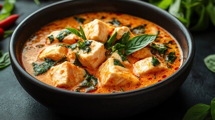 Fototapeta premium Bowl of Isaanstyle spicy fish curry with fresh herbs, Isaan fish curry, authentic Isaan flavor