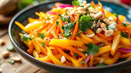 Closeup of a Thai mango salad with fresh herbs and peanuts, Thai mango salad, tropical Thai dish
