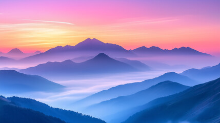 Fototapeta premium Fog rolling over mountain range at sunrise with colorful layers of light and mist in a serene natural landscape