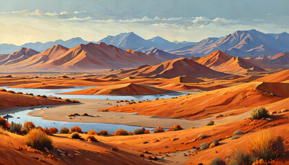 Naklejka premium Paysage désertique avec montagnes et rivières