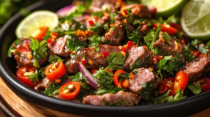 Closeup of Nam Tok grilled meat salad with fresh herbs, chili, and lime, Nam Tok, Isaan spicy dish