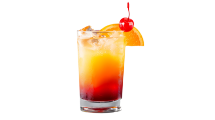 Tequila sunrise with layers of orange and red, garnished with an orange slice and cherry, isolated on a white background