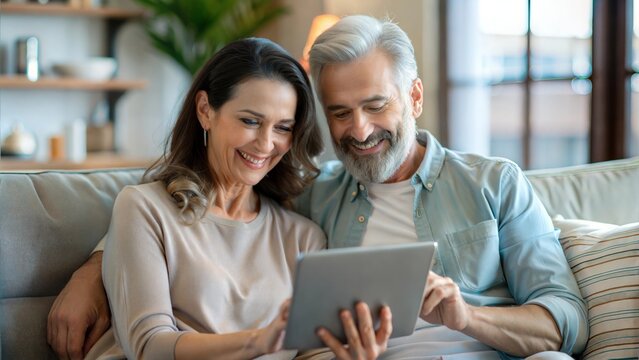 Happy middle aged couple using digital tablet relaxing on couch at home. Smiling mature man and woman holding tab browsing internet on pad device sitting on sofa in living room. Authentic candid photo