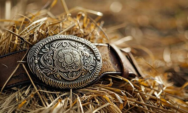 Close-up of ornate metal belt buckle on haystack background