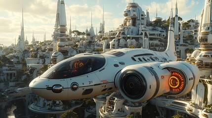 A futuristic spaceship hovers over a white city with tall buildings and green trees.