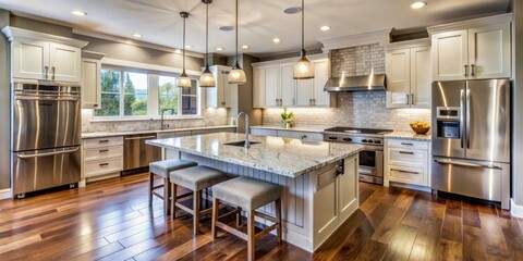 Fototapeta premium Luxurious modern kitchen featuring steel appliances, granite island, pendant lights, and hardwood flooring