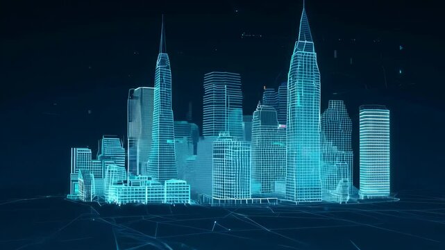 Holographic wireframe cityscape with densely packed tall buildings spinning in blue, dark blue background