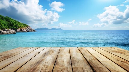 Fototapeta premium Empty wooden floor for product display montages with sea and mountain background.