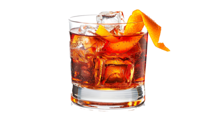 Negroni with an orange twist in a rocks glass, served over ice, isolated on a white background