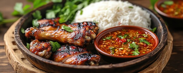 Fototapeta premium Isaanstyle grilled chicken wings with sticky rice and chili dip, Isaan chicken wings, street food snack