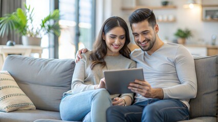 Happy middle aged couple using digital tablet relaxing on couch at home. Smiling mature man and woman holding tab browsing internet on pad device sitting on sofa in living room. Authentic candid photo