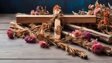 Obraz premium cross with flowers on wooden background copy space