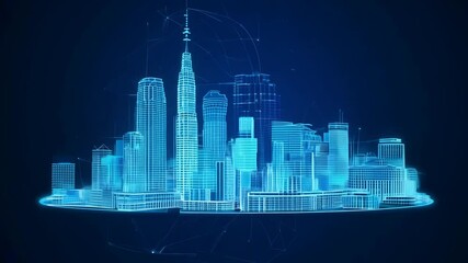 Holographic wireframe city skyline spinning in blue, showing skyscrapers and a dark background
- Powered by Adobe