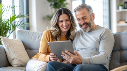 Happy middle aged couple using digital tablet relaxing on couch at home. Smiling mature man and woman holding tab browsing internet on pad device sitting on sofa in living room. Authentic candid photo