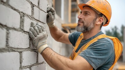 Bricklaying for house walls, mason building the exterior walls of a new home, Construction, residential architecture