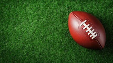 Obraz premium A close-up view of a classic brown football resting on vibrant green grass, symbolizing teamwork and sportsmanship.