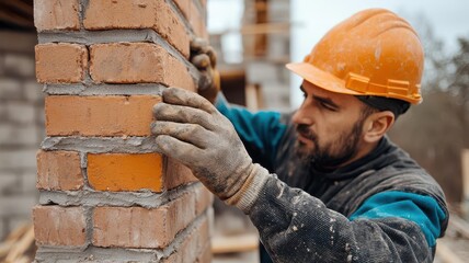Building a brick chimney, masons constructing the chimney of a new home, Construction process, masonry work
