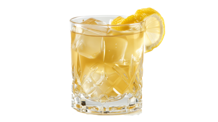 Whiskey sour in a rocks glass with a lemon twist and ice, isolated on a white background
