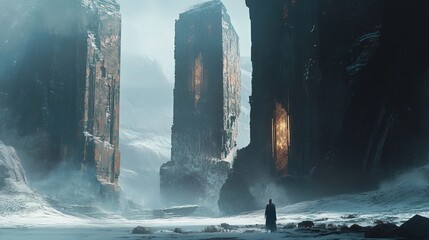 A Solitary Figure Stands Before a Mystical Portal in a Frozen Landscape