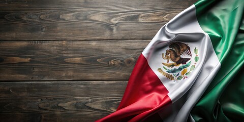 Mexican flag fabric draped on dark wood surface with patriotic colors and symbolism