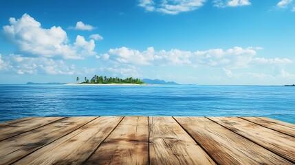 Fototapeta premium Empty wooden floor for product display montages with sea and mountain background.