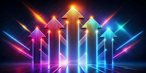 3D Abstract Profit Arrows in Glowing Digital Art - Dynamic Financial Success Concept with Vibrant Colors and Light Streaks on White Background