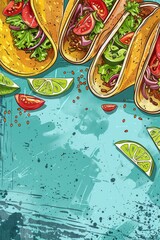 A blue background with a drawing of four tacos with tomatoes and limes on top. The tacos are arranged in a row and the limes are cut in half