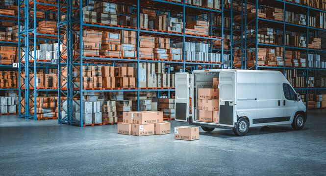 White delivery van is parked in a large warehouse with cardboard boxes inside