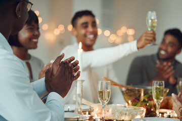 Home, hands and friends with alcohol for toast, celebration and bonding together in social gathering. Group, people and glasses with sparkling wine for achievement, reunion and cheers in fine dining