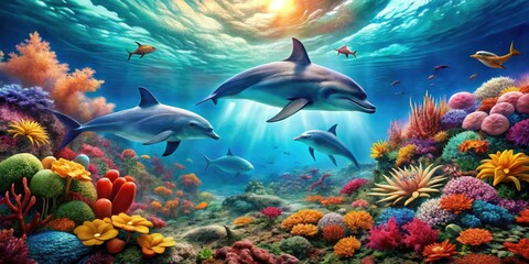 Fototapeta premium Vibrant underwater scene with majestic dolphins swimming amongst colorful coral reefs