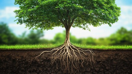 Lush trees tower above the ground. with intricate roots spreading out below