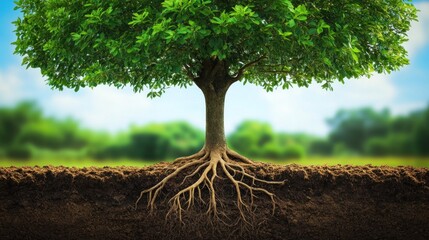 Lush trees tower above the ground. with intricate roots spreading out below