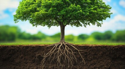 Lush trees tower above the ground. with intricate roots spreading out below