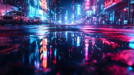 Obraz premium Neon-lit urban street with reflections in puddles.