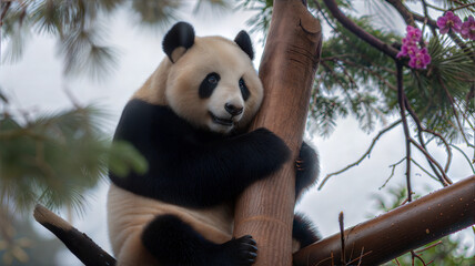 Obraz premium Panda Bear Relaxing on a Tree Branch in a Forest Setting