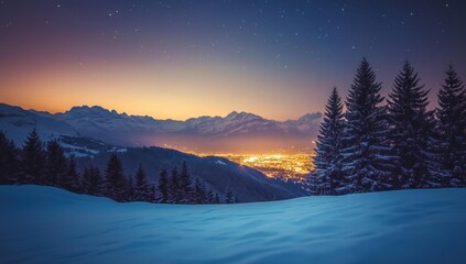 Snowy Mountain Landscape with City Lights