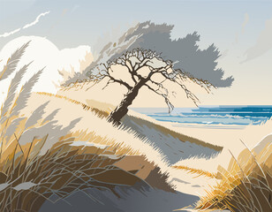 Obraz premium Seaside landscape with lone dead tree on silver grass field.