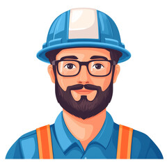 Fototapeta premium A bearded man in a blue hardhat and work clothes. He is wearing glasses and has a serious expression on his face.
