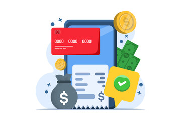 The concept of paying bills with payment cards for online shopping. Payment processing, financial transactions, transfers, bank cards, e-wallets for purchasing processes, monetary currencies.