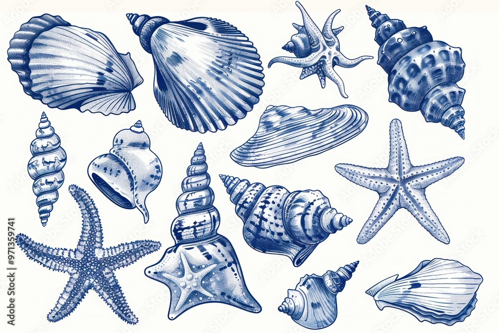 Fototapete vector illustration of various seashells and starfish. drawn in blue ink on a white background seash